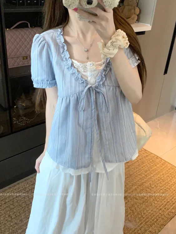 【87730】女装胖mm蓝色条纹假两件短袖衬衫宽松遮肉显瘦气质上衣