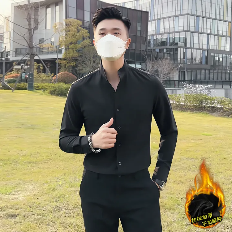秋冬爆款男士修身长袖衬衫加绒加厚保暖衬衣痞帅新中式立领寸衫潮