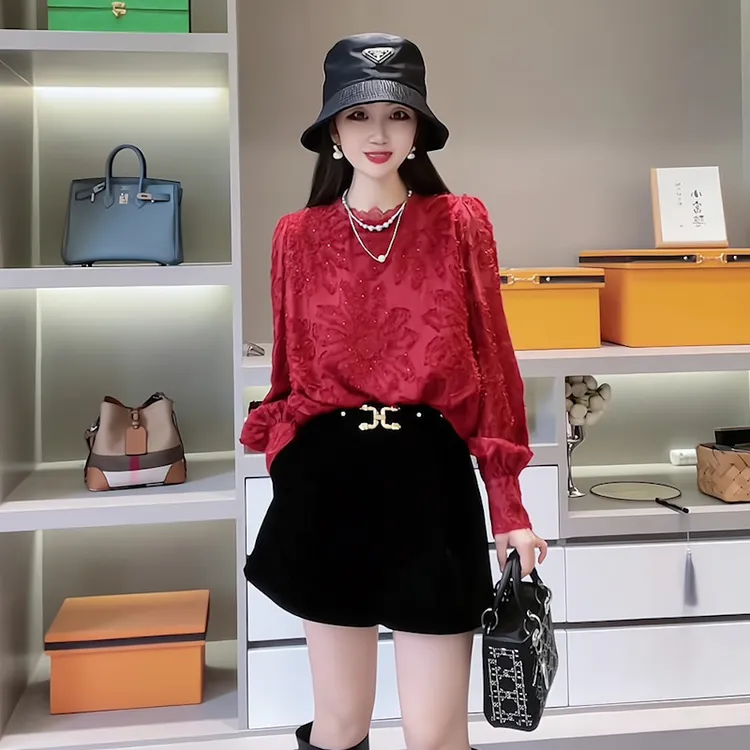 红色圆领小香风长袖蕾丝拼接衫2025新款时尚百搭显瘦小众气质上衣