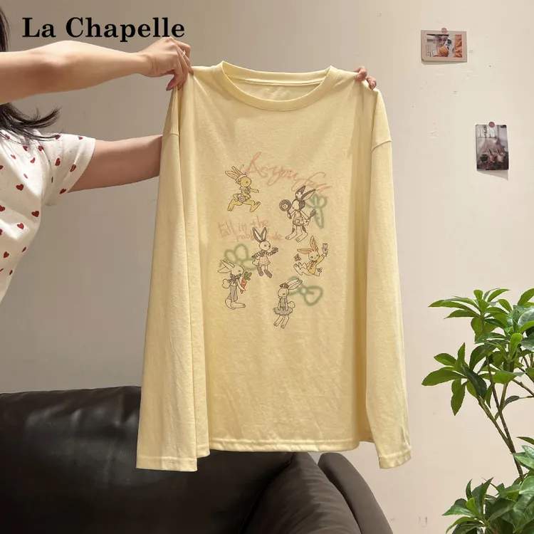 拉夏贝尔鹅黄色微透卡通印花防晒罩衫T恤女夏季外搭宽松显瘦上衣