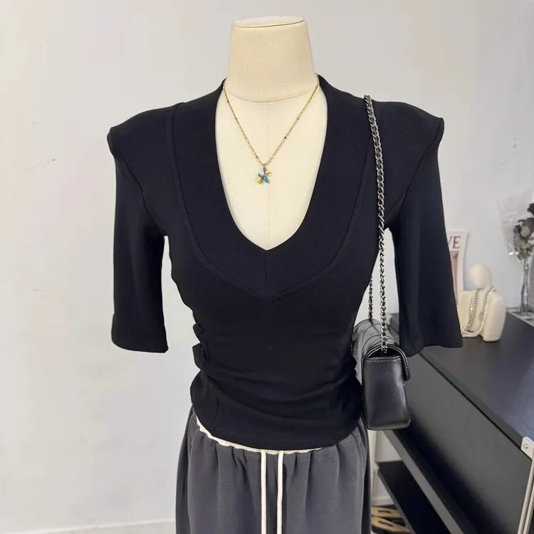 YIDENG韩版性感显身材宽边V领拼接修身中袖T恤秋款气质百搭女上衣