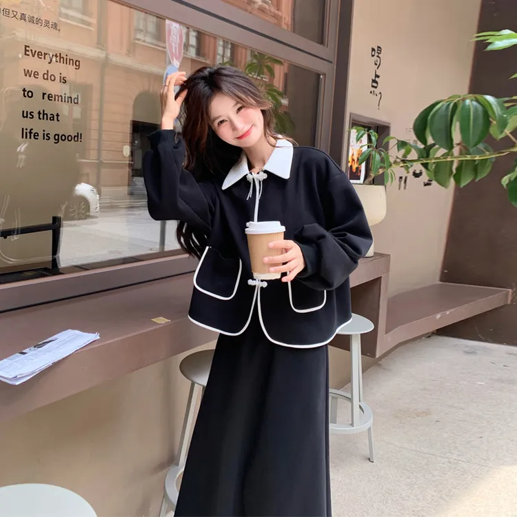 复古新中式小香风套装裙2025秋冬新款优雅气质经典黑白撞色两件套