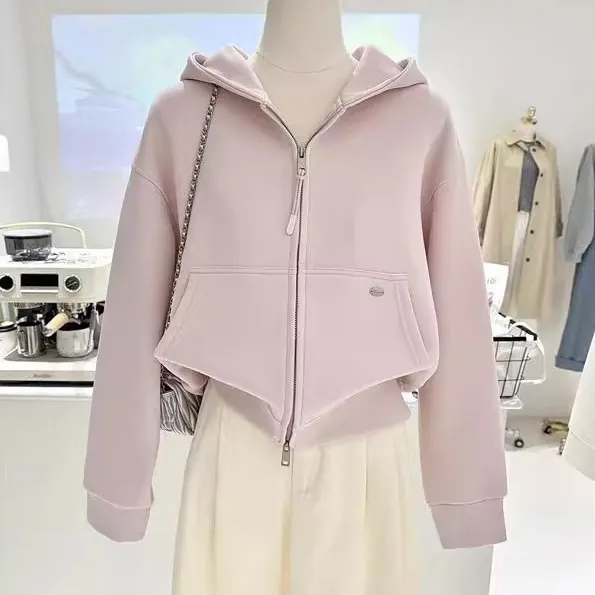 秋季小个子高级感短款设计感宽松拉链开衫连帽卫衣外套女上衣帽衫