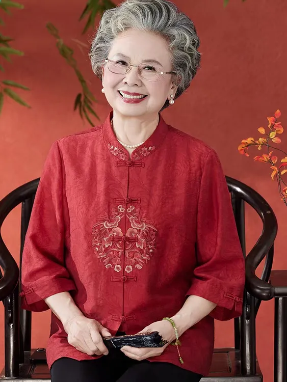 婚礼奶奶夏季衬衫中老年人女过寿国风上衣妈妈喜婆婆婚宴唐装衬衣