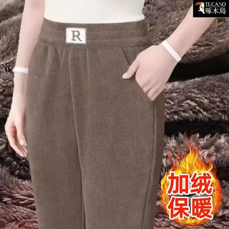 啄木鸟新款显瘦百搭刺绣裤子网红洋气2025年秋冬加绒保暖哈伦裤女