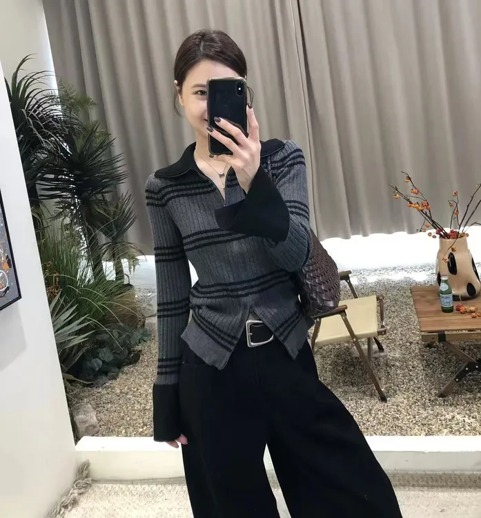 韩系复古高翻领针织混纺针织开衫女毛衣外穿显瘦打底拉链H8-94