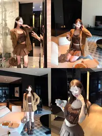 美拉德穿搭套装咖色长袖西装外套丝绒吊带女秋季百褶半身裙三件套