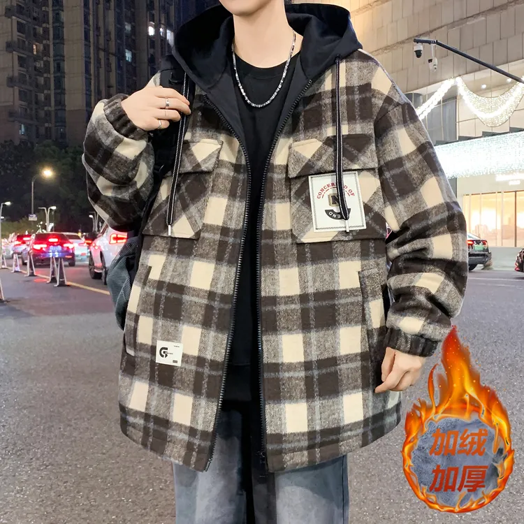 秋冬连帽格子保暖男款加绒工装夹克加厚男士帅气宽松假两件外套