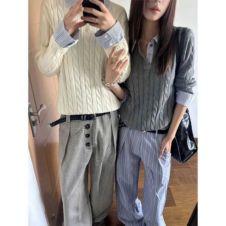 老钱风miu系条纹绞花毛衣男款秋冬美式复古慵懒风Polo翻领针织衫