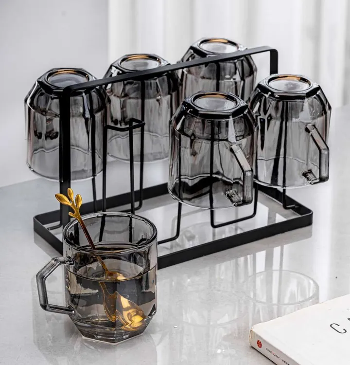 【带杯架】北欧轻奢钻石六角杯家用喝水杯耐热茶杯网红水杯玻璃杯