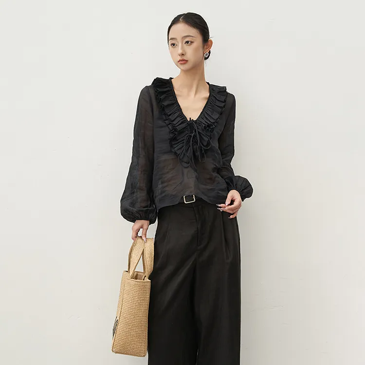 100%苎麻法式荷叶边V领上衣女春夏季宽松显瘦薄款灯笼袖气质小衫