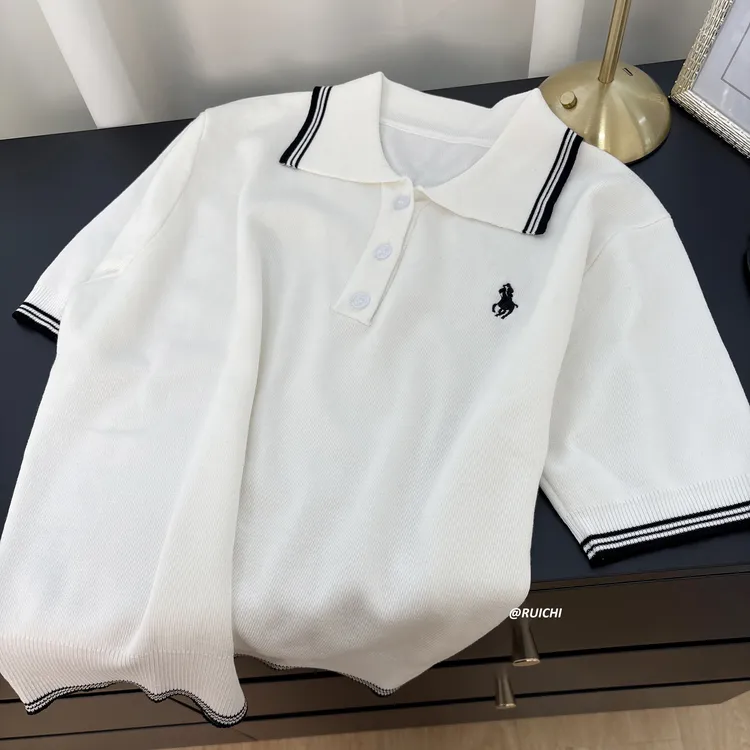 2025夏季休闲简约学院风撞色POLO领小马刺绣高级感套头短袖针织衫