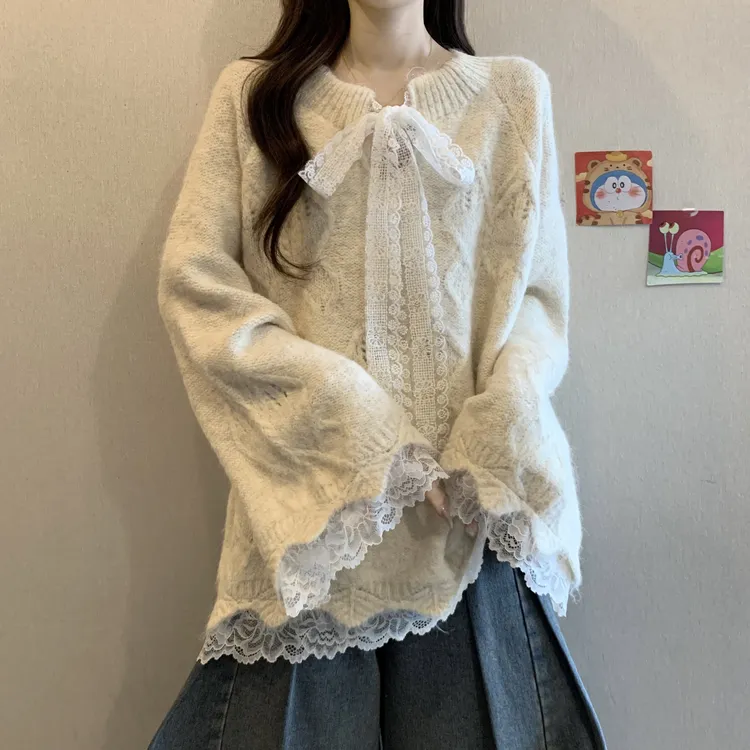 大码女装遮肚子蕾丝拼接慵懒风毛衣秋冬胖妹妹宽松显瘦长袖针织衫