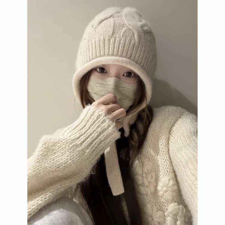 Jun 兔绒羊毛百搭麻花冬季保暖毛线针织显脸小帽子