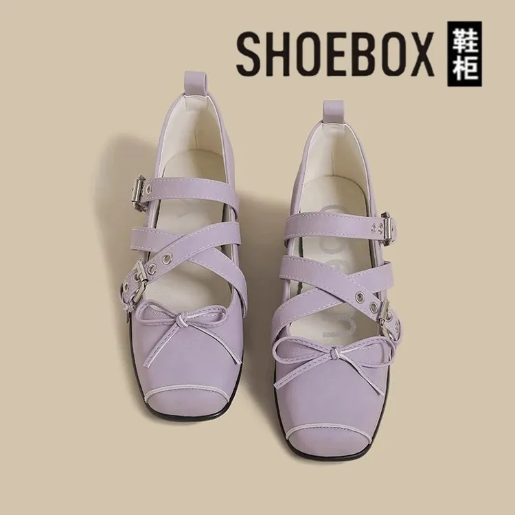 达芙妮集团鞋柜玛丽珍鞋女新款平底复古交叉方头紫色法式浅口单鞋