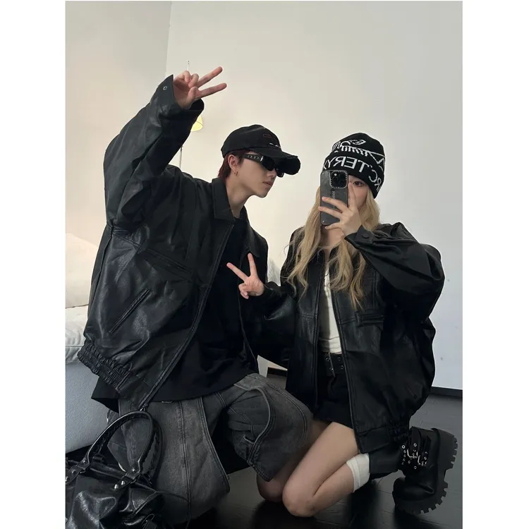 美式港风2025秋冬新款短款机车皮衣外套宽松休闲机车服通勤ins潮