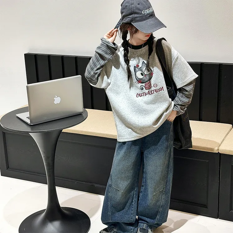 女童秋季套装春秋儿童长袖牛仔裤宽松百搭韩版设计感上衣慵懒ins