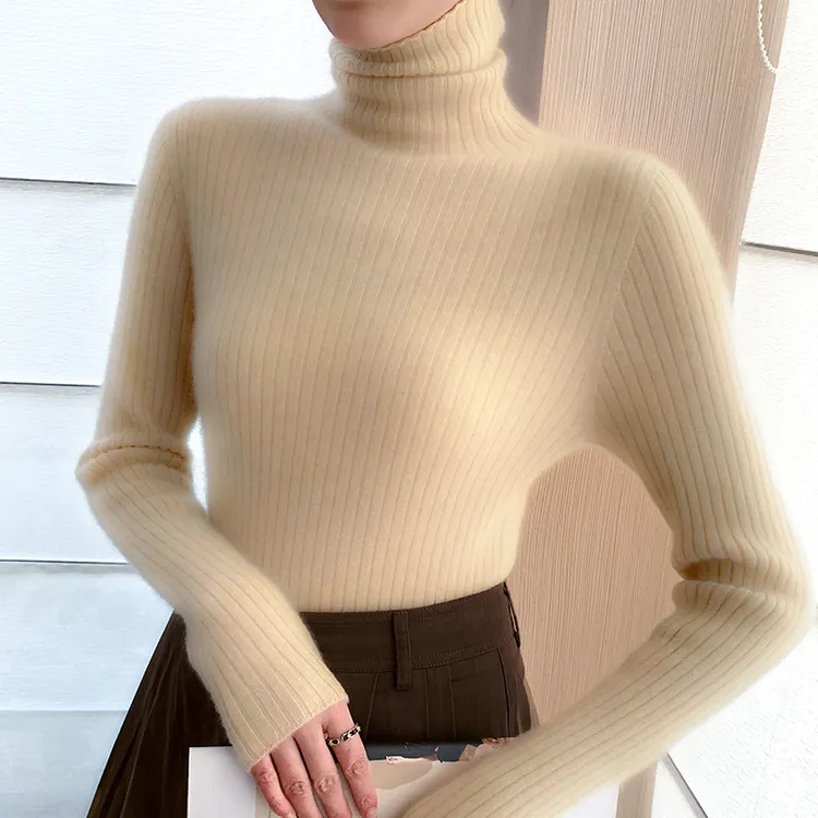 鄂尔多斯市冬季羊绒衫女高领修身针织打底衫洋气堆堆领紧身毛衣