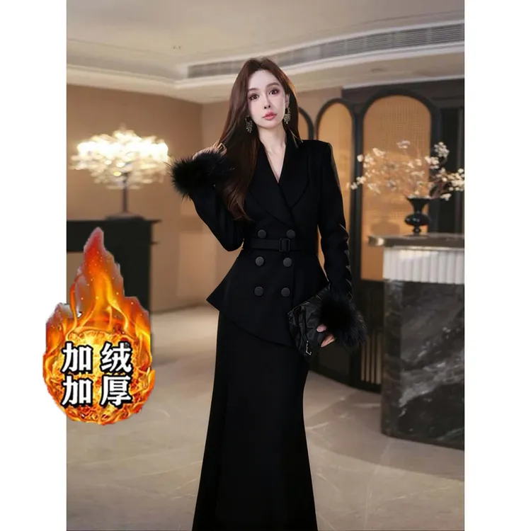 【加绒加厚】【两件套】【送腰带】西装外套显瘦半身裙D4050