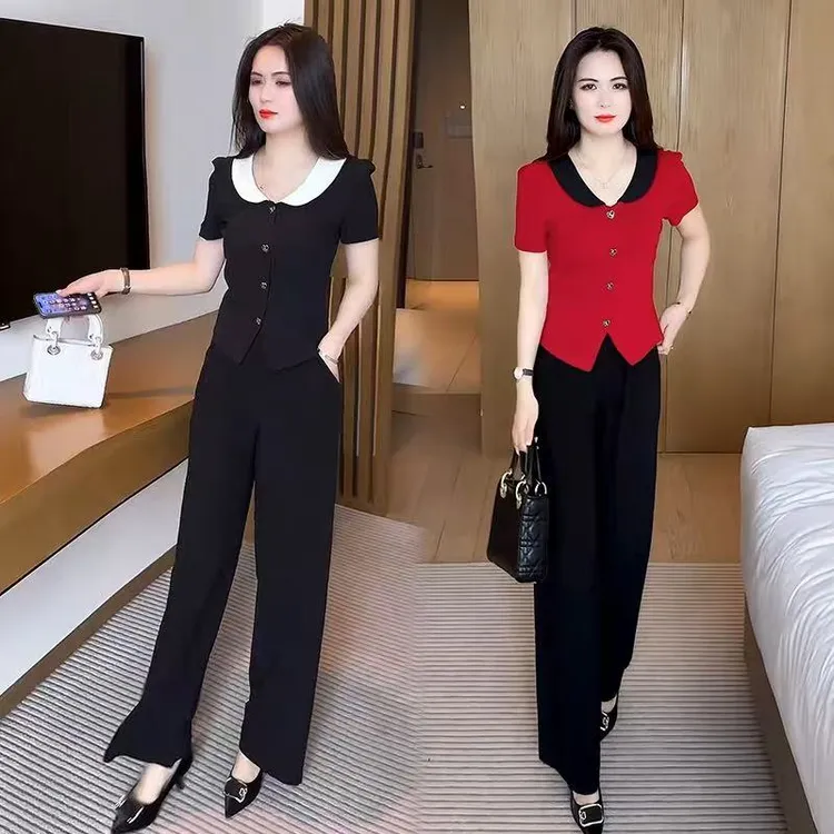 时尚套装女夏季新款洋气娃娃领T恤上衣黑色直筒裤气质显瘦两件套
