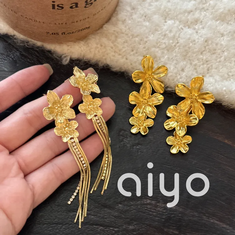 铜合金耳饰 金色秘境长款流苏花朵耳环