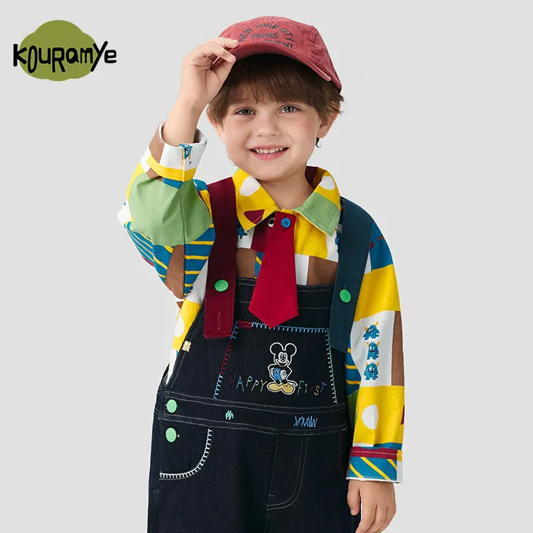 酷娃米2025年秋季新款中小童拼色彩格卡通领带衬衫20890