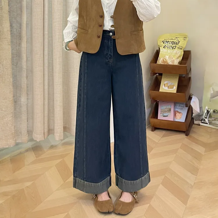 复古蓝阔腿牛仔裤女宽松大码微胖梨型身材高腰显瘦弹力直筒九分裤