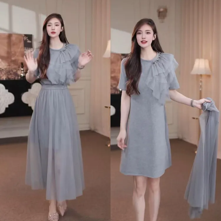 维纳斯女神·夏季时尚洋气拼接网纱法式两件套气质小众中长连衣裙