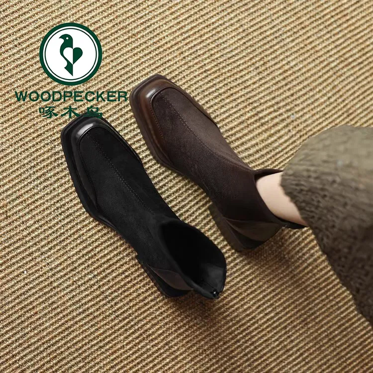 啄木鸟方头时装靴女2025年秋冬新款显瘦洋气弹力瘦瘦靴春秋短靴女