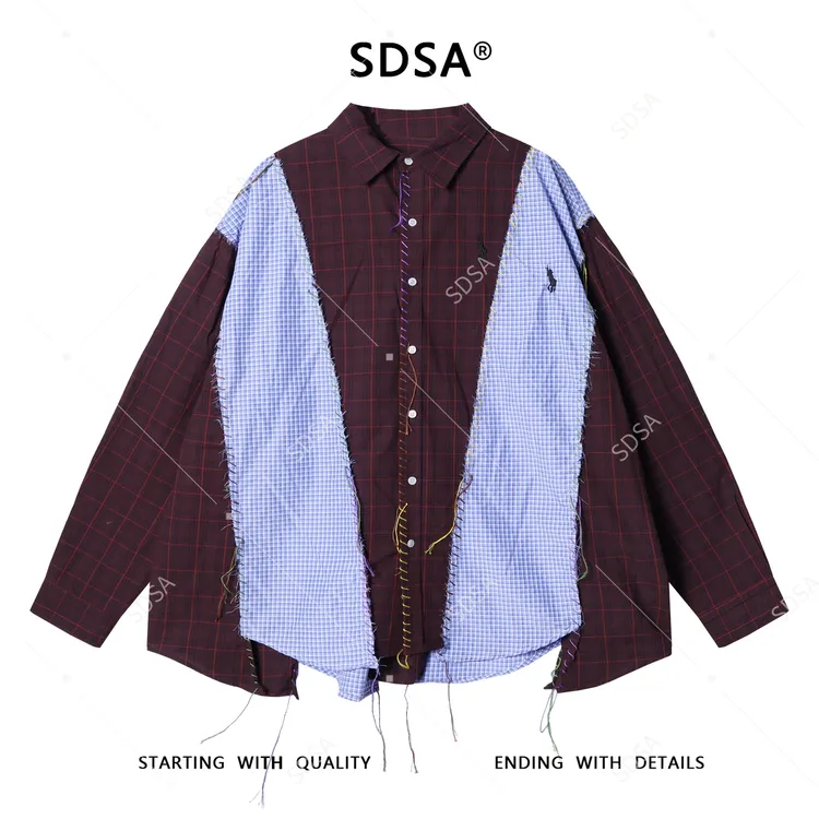 SDSA秋冬新款痞帅男装美式复古拼接格纹缝线长袖衬衫百搭时尚衬衣