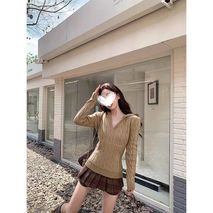 Moses Queen/魔西女王美式学院风连帽V领针织衫秋冬内搭收腰上衣