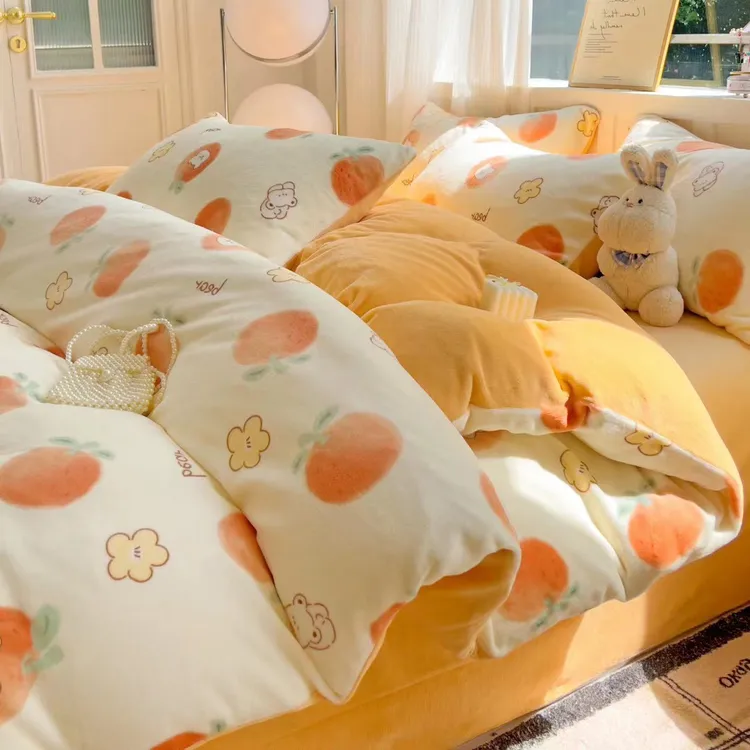 2025秋冬新款加厚双面牛奶绒四件套冬季保暖活性印花荷叶边床单
