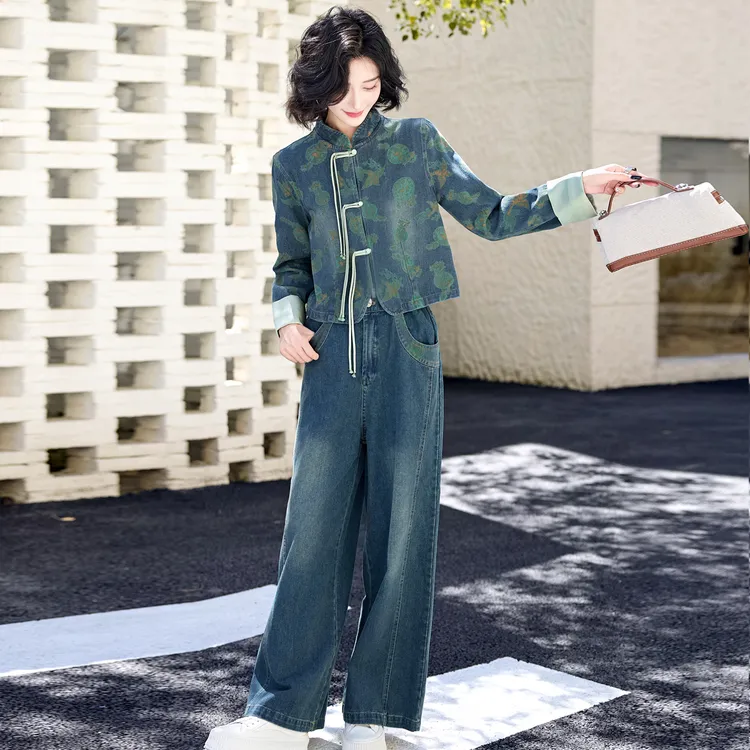 新中式复古盘扣牛仔套装2025春秋新阔腿裤两件套女生韩系ins衣服