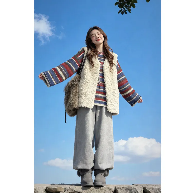 【现货】秋冬穿搭一整套女2025新款毛绒马甲条纹针织衫休闲裤三件套