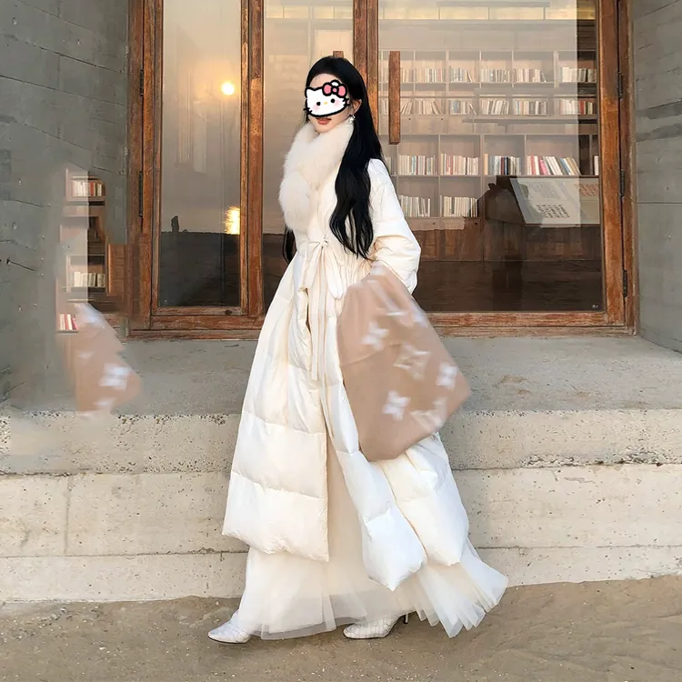 韩版毛领羽绒棉服女2025冬季新款设计感中长款白色过膝棉服外套