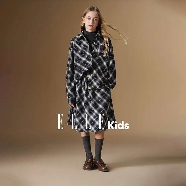 ELLE KIDS 复古学院格纹套装女儿童秋季新款长袖衬衫+A字半裙Q5
