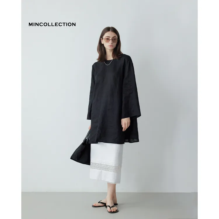 DE Mincollection系带麻衬衫/大廓形露背藏肉圆领全亚麻上衣55438