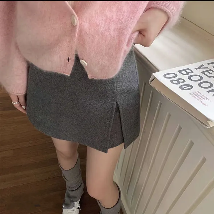 【呢子开叉裙】双层毛呢高腰A字半身裙显瘦百搭包臀防走光短裙裤