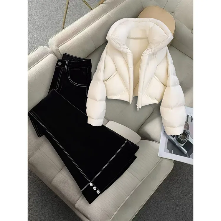 秋冬时尚套装高级感白色加厚面包服棉服小个子黑色休闲裤两件套女