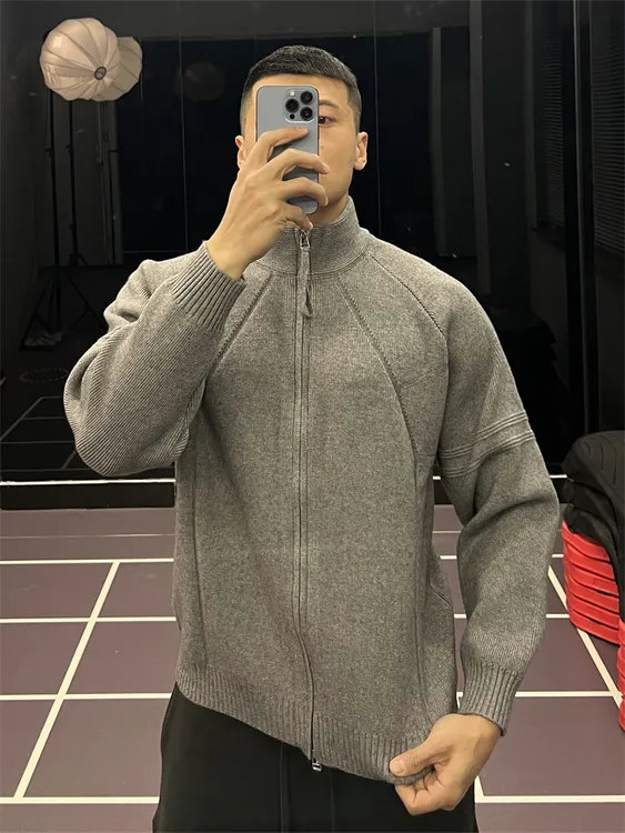 高档男士开衫针织衫毛衣户外灰色美式针织外套冬季男款高领