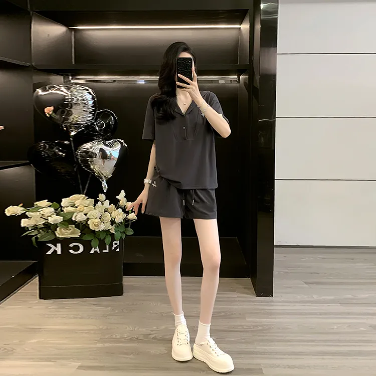 网红灰色休闲运动套装女夏季搭配一整套短袖帽衫短裤休闲短裤套装