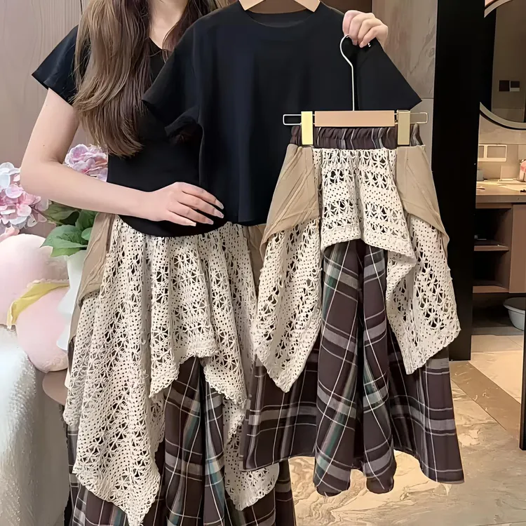 女童夏装套装2025新款儿童百搭针织短袖女孩夏季格子半身裙两件套