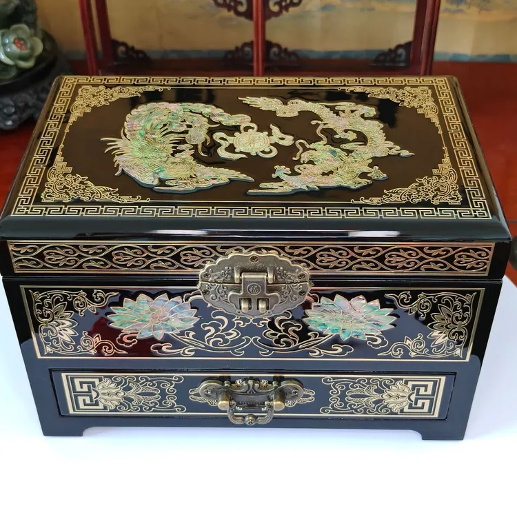 首饰盒/箱 24宽抽屉平遥推光漆器螺钿铜丝镶嵌首饰盒顺丰包邮发货