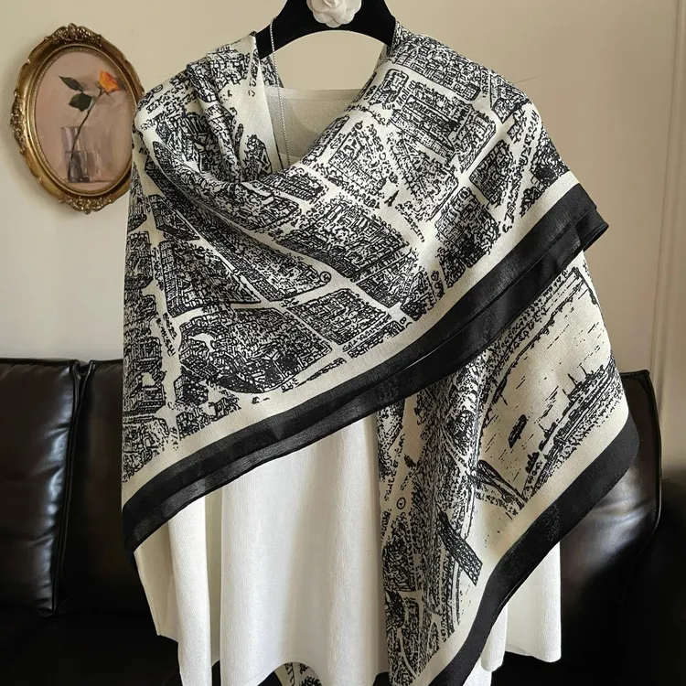 130CM水墨画丝巾大方巾女薄款空调房披肩围巾旅游穿搭防晒纱巾潮