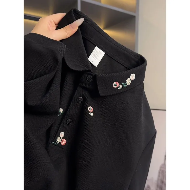 黑色花卉刺绣polo衫短袖男士夏季痞帅高级感t恤翻领重磅美式半袖