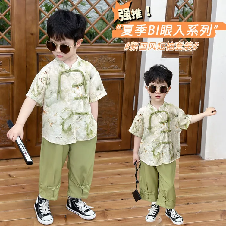 戴维贝拉【清仓】男童夏季短袖套装新款儿童帅气新中式国风汉服宝宝