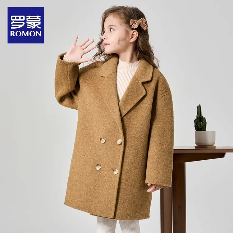 直播专享罗蒙童装女童呢大衣冬季中长款纯色双面呢翻领厚款呢大衣双排扣
