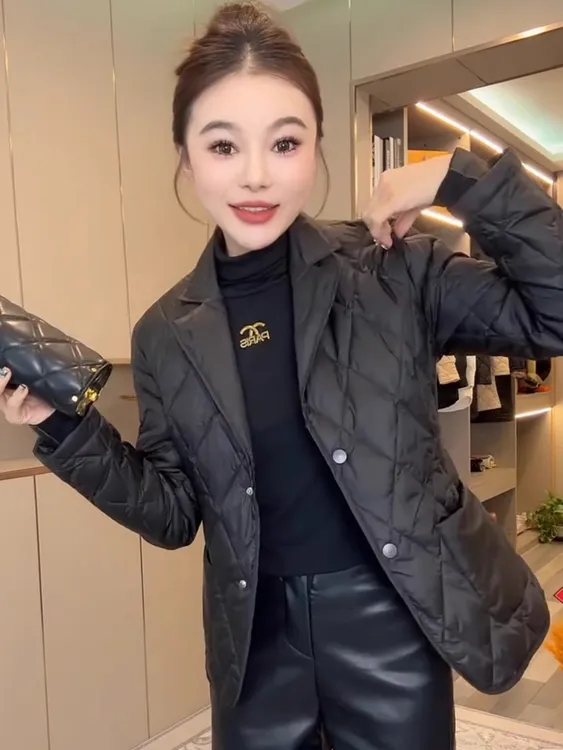 冬季欧货时尚百搭菱形格窄版西服领棉服棉上衣女棉衣短外套休闲