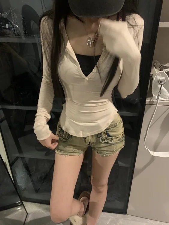 【高品质】辣妹V领长袖T恤新款纯欲超显身材辣妹性感微透修身上衣