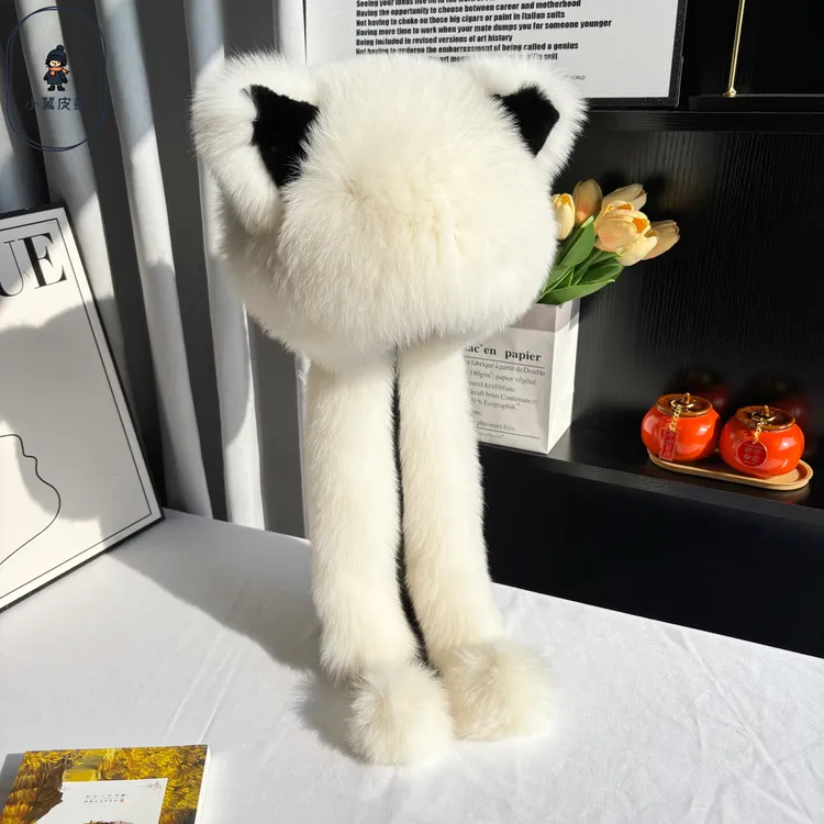 真狐狸毛小熊围巾帽可爱帽子围巾一体风雪帽女秋冬保暖加厚护耳帽